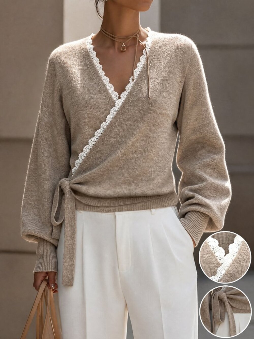 Khaki Casual Women's Elegant Wrap-Style Cropped Sweater With Criss-Cross V-Neck - Picture 3 of 6